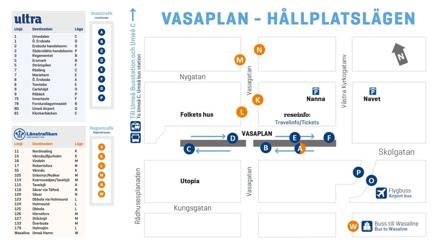 Hållplatslägen och linjeförteckning för hållplatsen Umeå Vasaplan, se beskrivning
