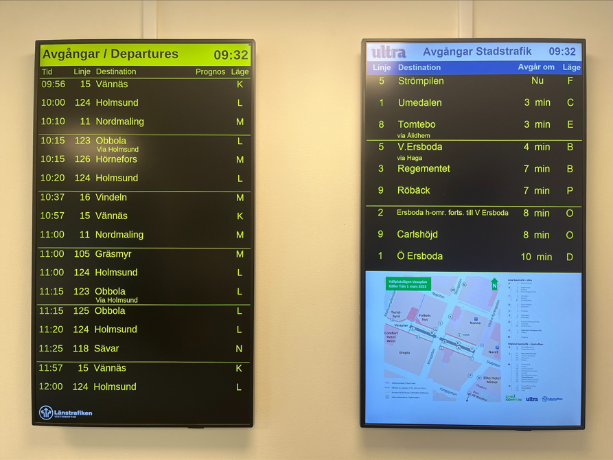Digitala avgångstavlor på Reseinfo Vasaplan