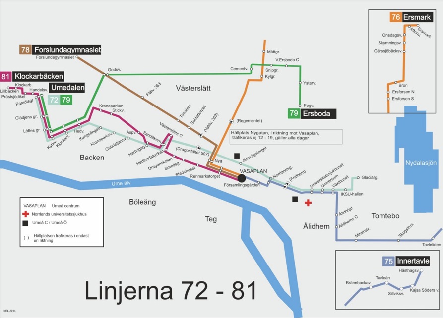 Linjesträckning och hållplatser för linjerna 72 till 81 i Umeå, se beskrivning